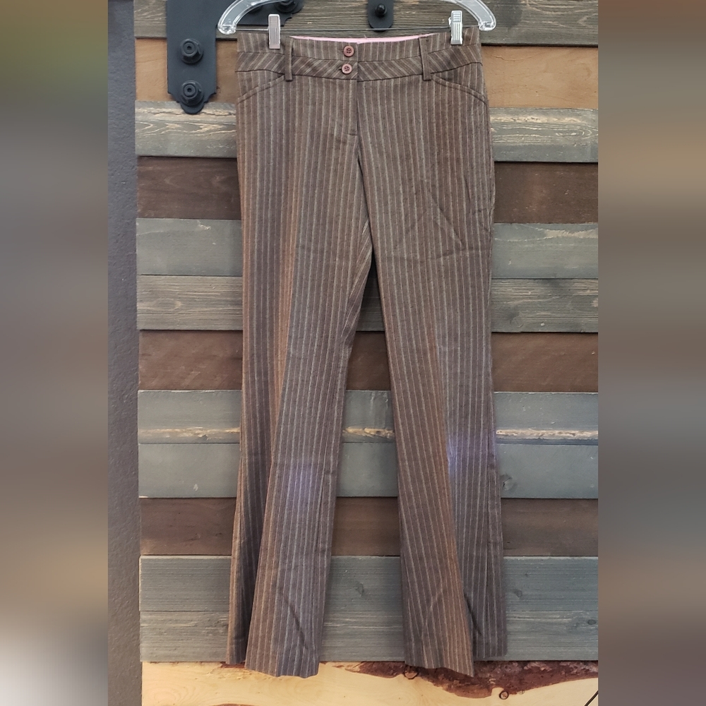 Womens Business Casual Wide Leg Brown with Pink Pinstripe Slacks Pants
